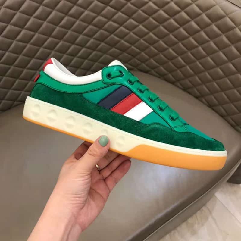 GUCCI MEN'S GREEN LEATHER AND NYLON SNEAKERS - GC61