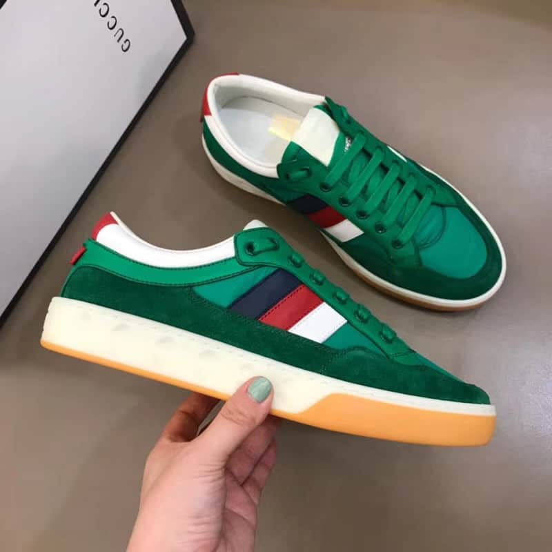 GUCCI MEN'S GREEN LEATHER AND NYLON SNEAKERS - GC61