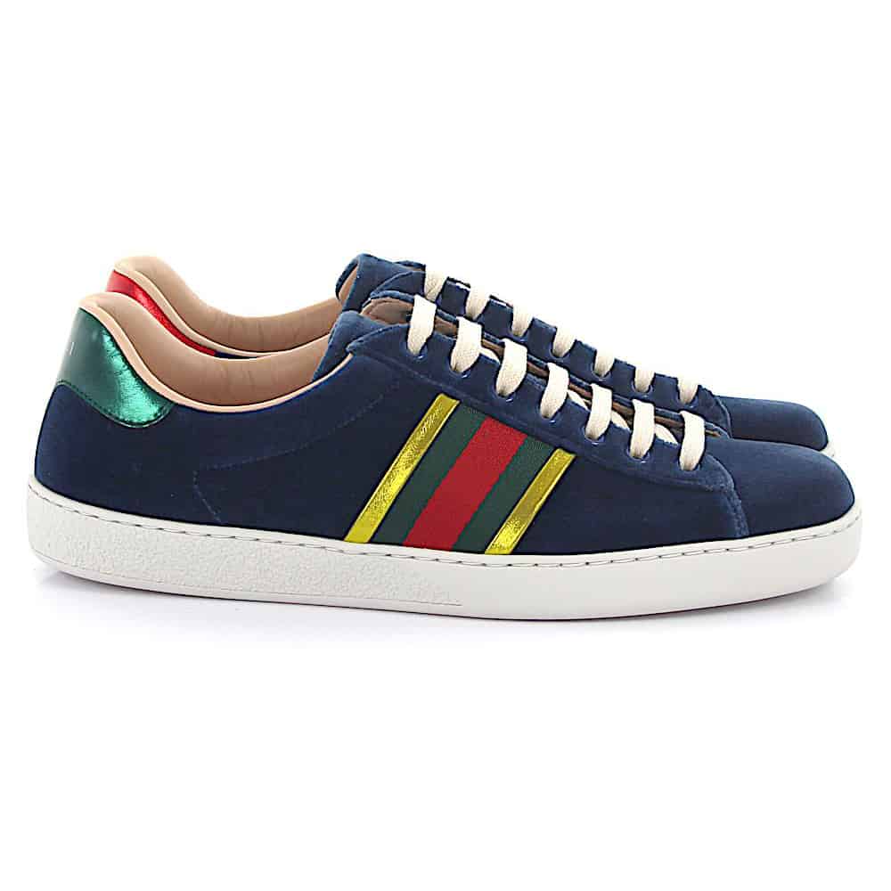 GUCCI ACE SNEAKER VELVET BLUE METALLIC STRIPE