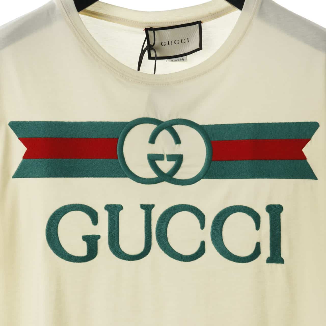 GUCCI EMBROIDERED BELT LOGO SHORT SLEEVE WHITE T SHIRT