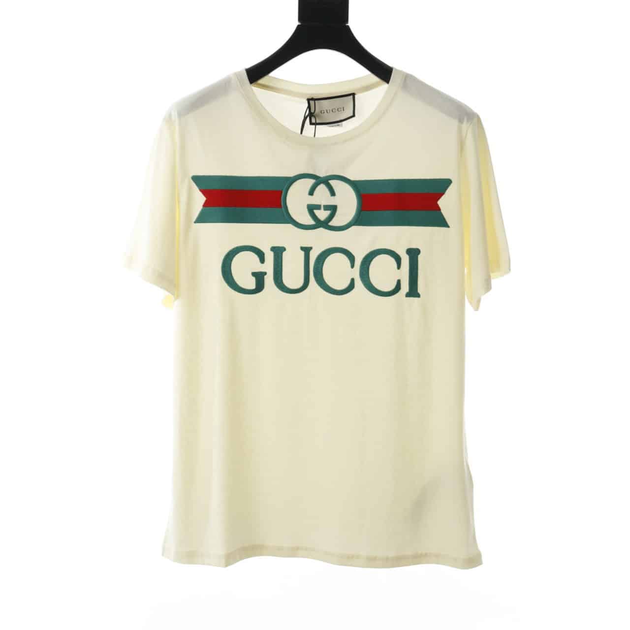 GUCCI EMBROIDERED BELT LOGO SHORT SLEEVE WHITE T SHIRT