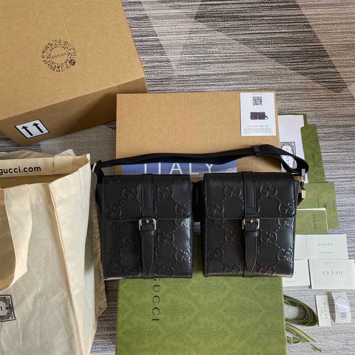 GG EMBOSSED BELT BAG BLACK GG EMBOSSED LEATHER COTTON LINEN LINING - GBC16