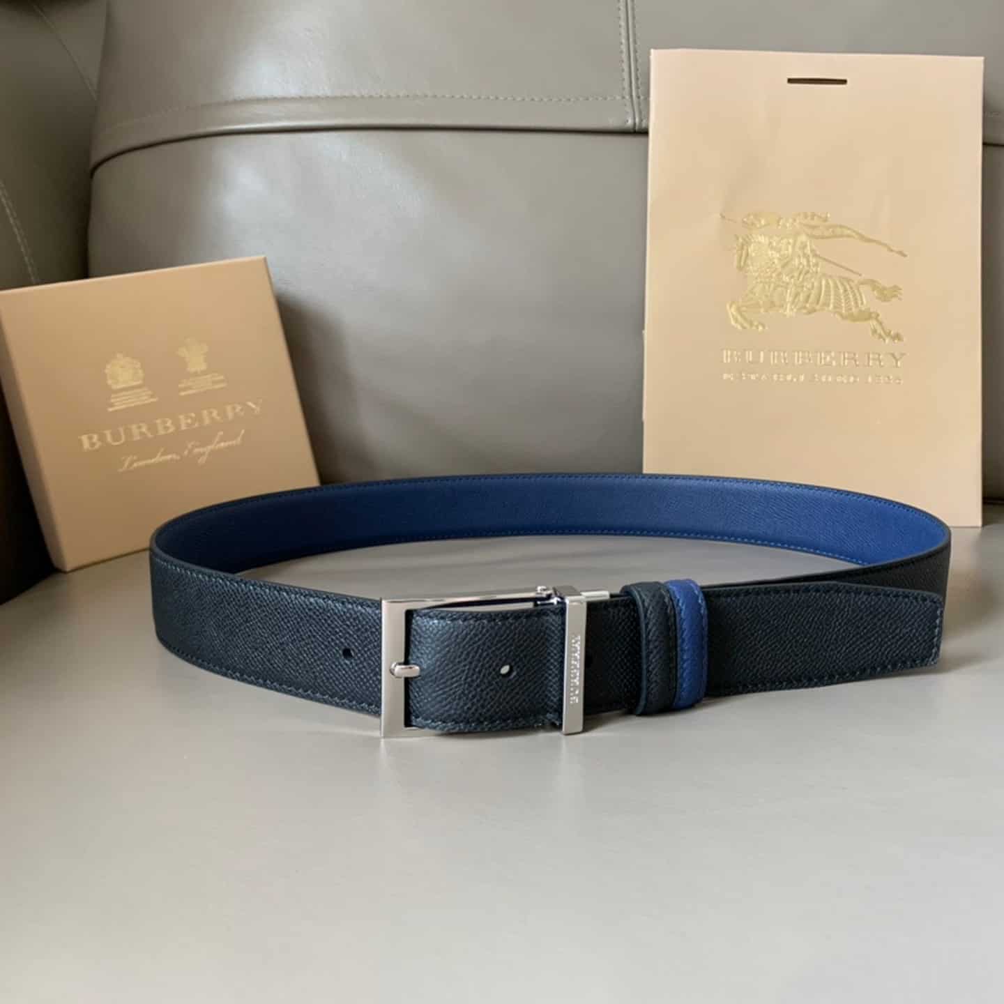 BURBERRY REVERSIBLE LONDON CHECK AND LEATHER BELT DARK CHARCOALBLACK - B29