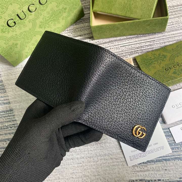 Gucci Men GG Marmont Leather Bi Fold Wallet Black Metal Free Tanned Leather Double G - WGR005