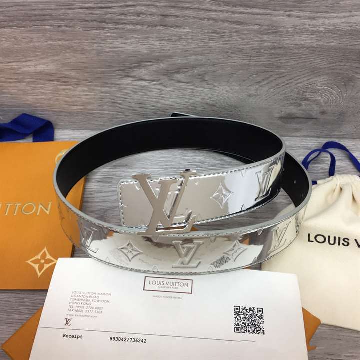 LOUIS VUITTON INITIALS LV MIRROR MIRROR 40MM REVERSIBLE BELT SILVER COLOR METALLIC MONOGRAM CANVAS RECTO SIDE - B77