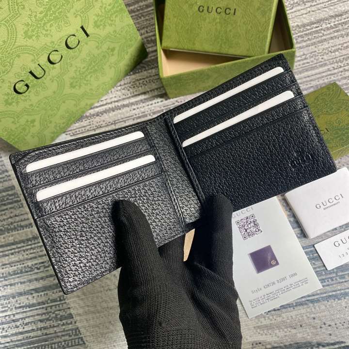 Gucci Men GG Marmont Leather Bi Fold Wallet Black Metal Free Tanned Leather Double G - WGR005
