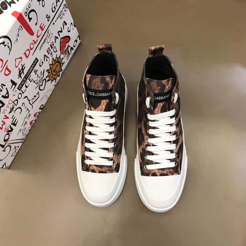 DOLCE AND GABBANA COTTON DRILL PORTOFINO LIGHT MID-TOP SNEAKERS WITH LEOPARD PRINT - DG110