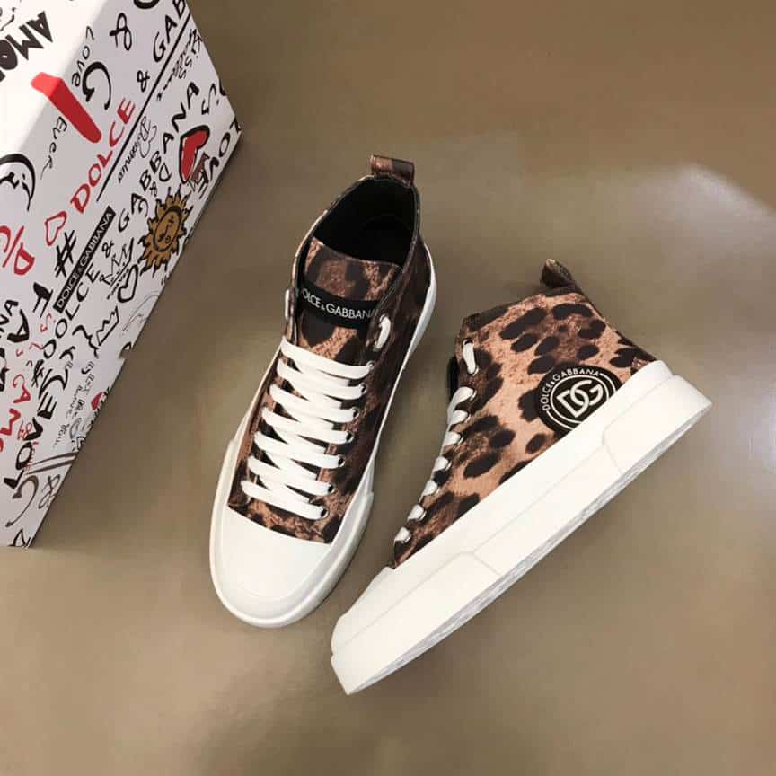 DOLCE AND GABBANA COTTON DRILL PORTOFINO LIGHT MID-TOP SNEAKERS WITH LEOPARD PRINT - DG110