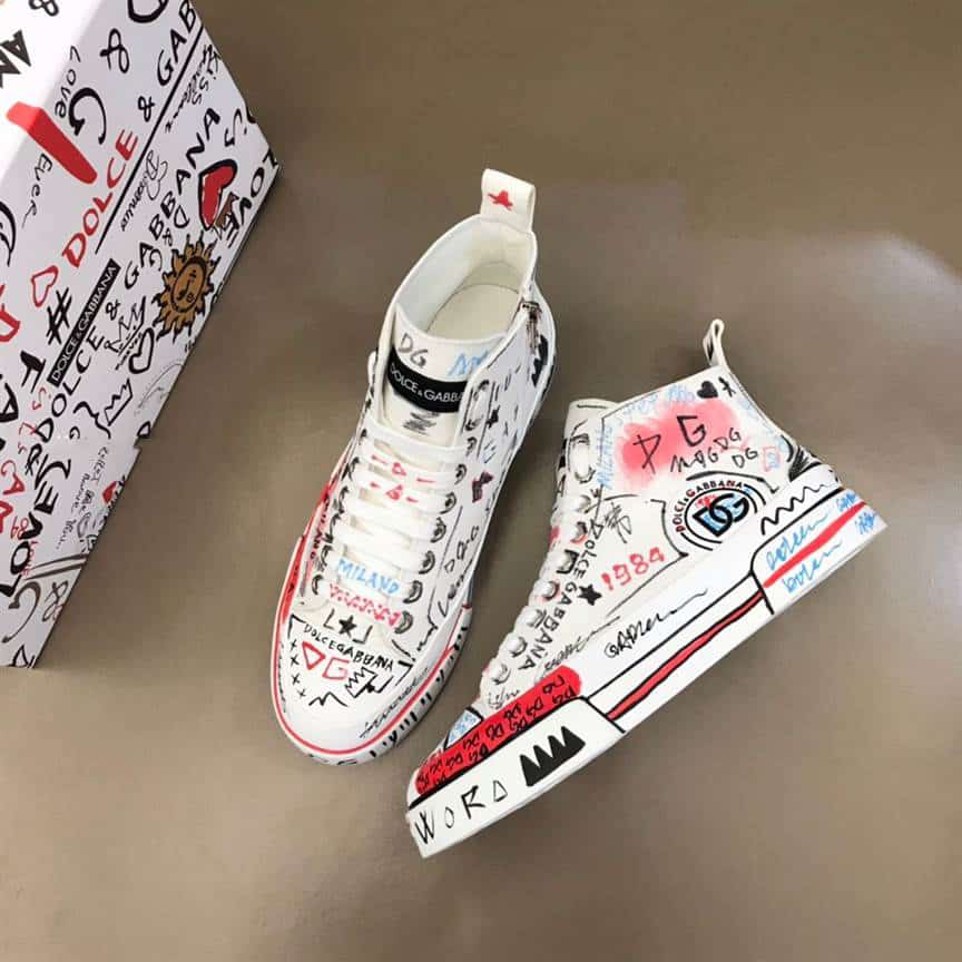 DOLCE AND GABBANA HAND-PAINTED GRAFFITI CANVAS PORTOFINO LIGHT MID-TOP SNEAKERS - DG111