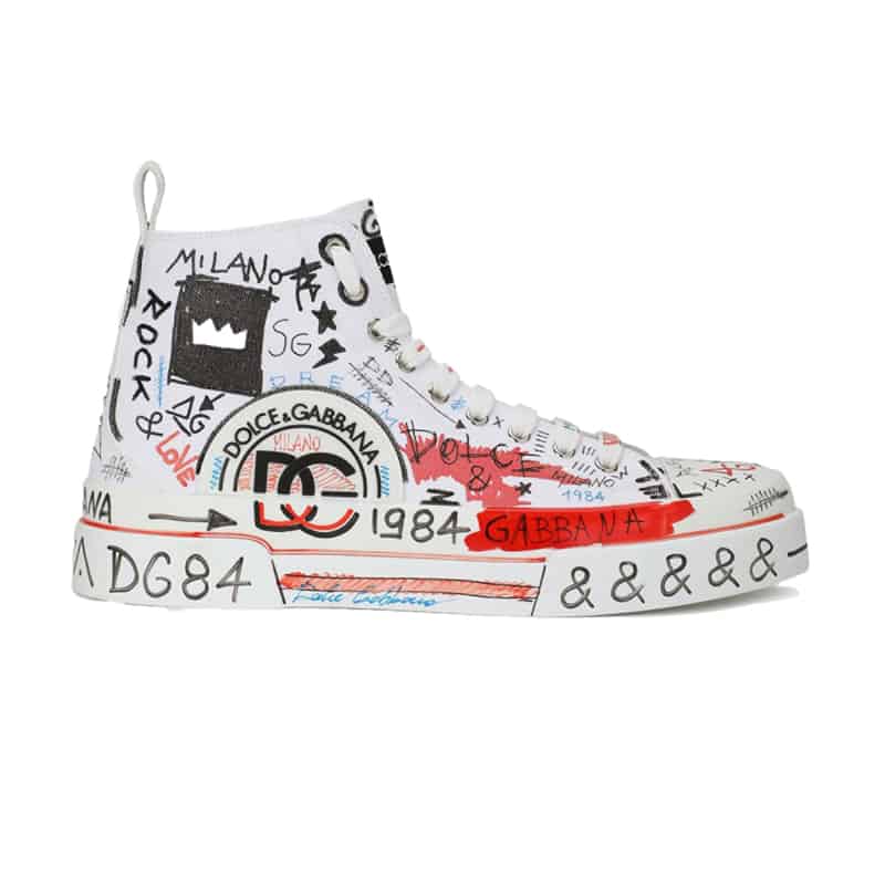 DOLCE AND GABBANA HAND-PAINTED GRAFFITI CANVAS PORTOFINO LIGHT MID-TOP SNEAKERS - DG111
