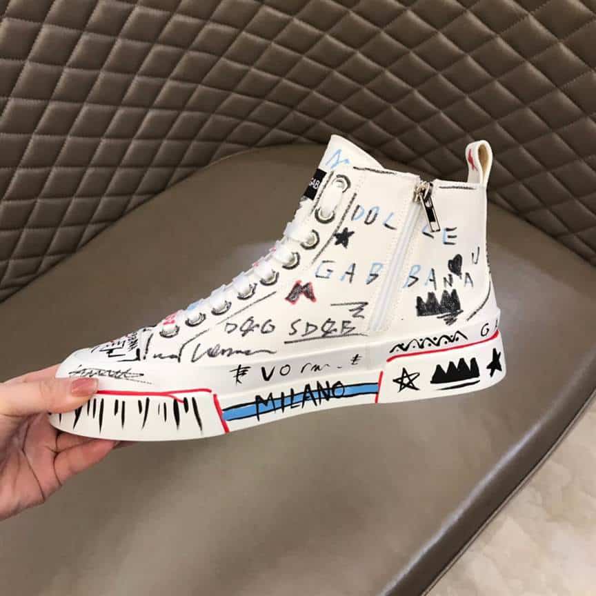 DOLCE AND GABBANA HAND-PAINTED GRAFFITI CANVAS PORTOFINO LIGHT MID-TOP SNEAKERS - DG111