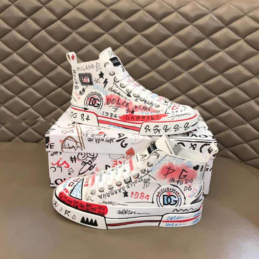 DOLCE AND GABBANA HAND-PAINTED GRAFFITI CANVAS PORTOFINO LIGHT MID-TOP SNEAKERS - DG111