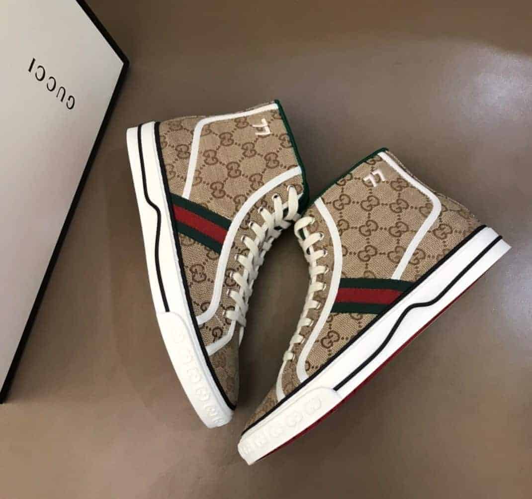GUCCI TENNIS 1977 HIGH-TOP SNEAKERS IN BEIGE AND EBONY GG CANVAS - GC100