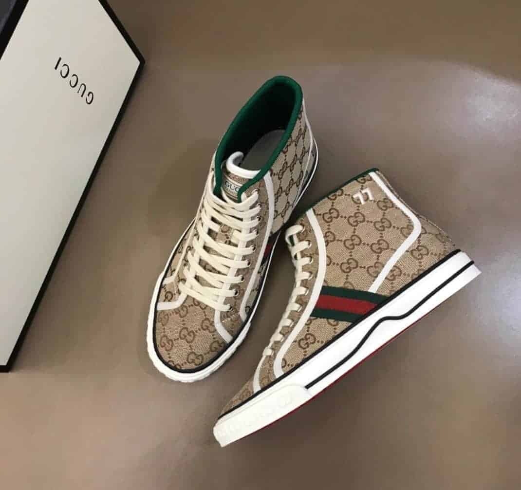 GUCCI TENNIS 1977 HIGH-TOP SNEAKERS IN BEIGE AND EBONY GG CANVAS - GC100