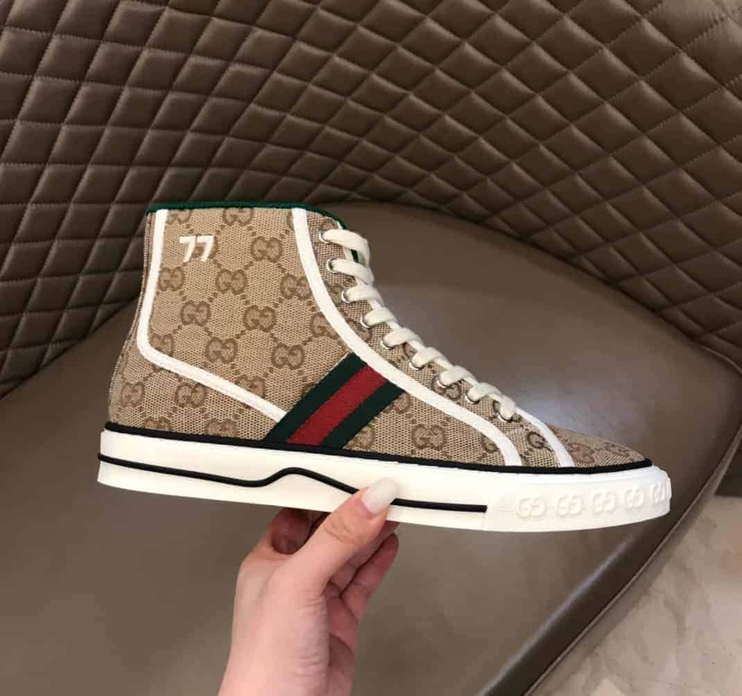 GUCCI TENNIS 1977 HIGH-TOP SNEAKERS IN BEIGE AND EBONY GG CANVAS - GC100