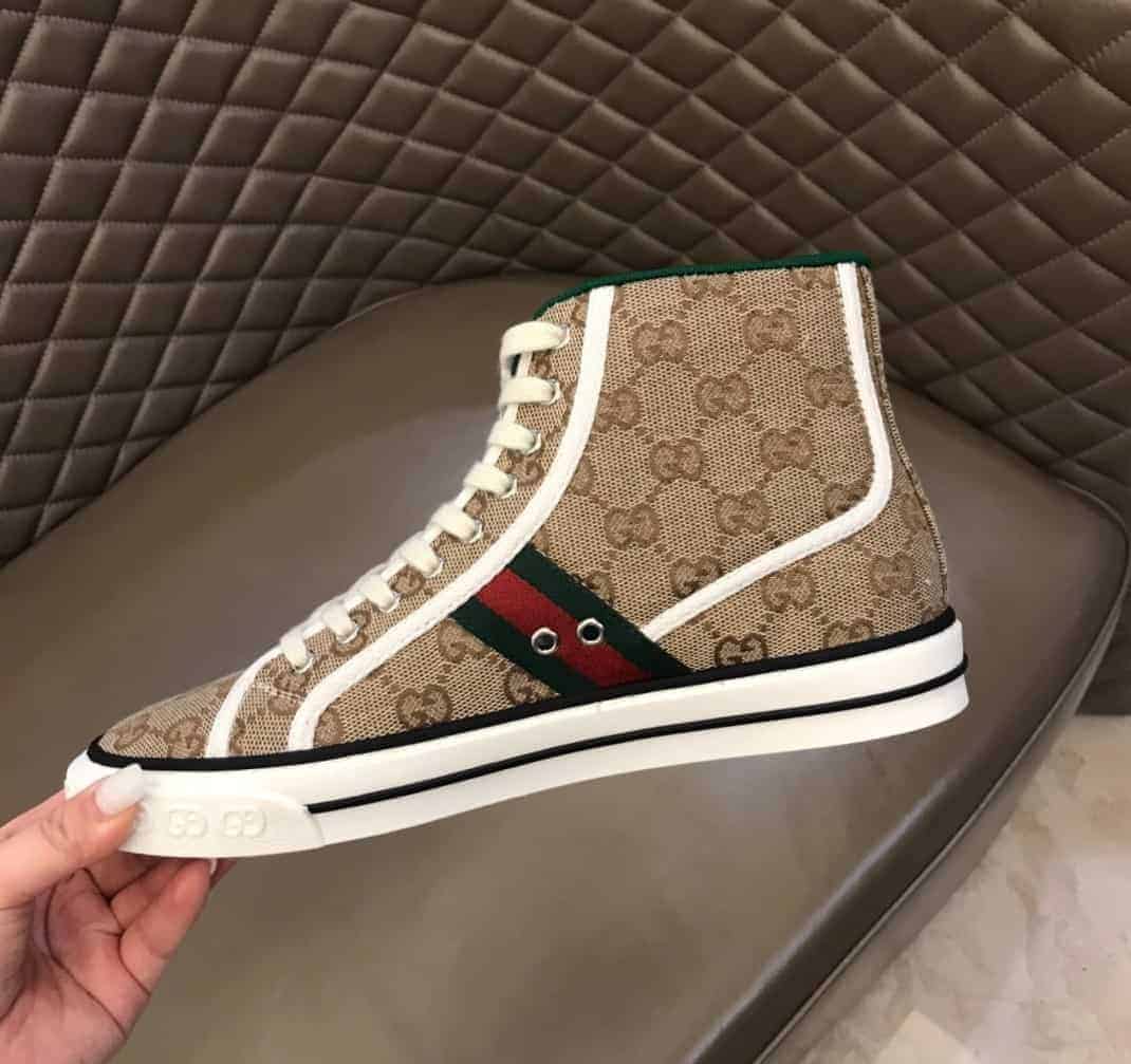 GUCCI TENNIS 1977 HIGH-TOP SNEAKERS IN BEIGE AND EBONY GG CANVAS - GC100
