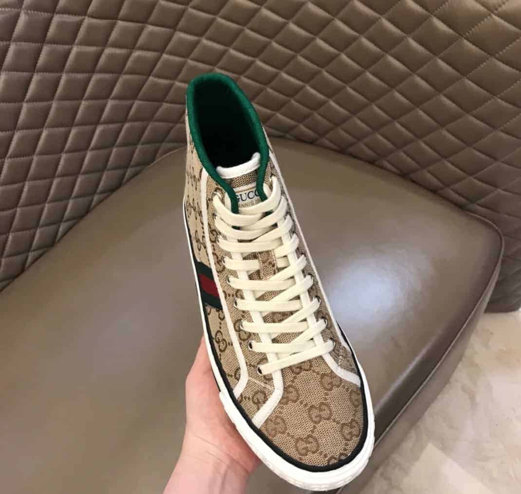 GUCCI TENNIS 1977 HIGH-TOP SNEAKERS IN BEIGE AND EBONY GG CANVAS - GC100