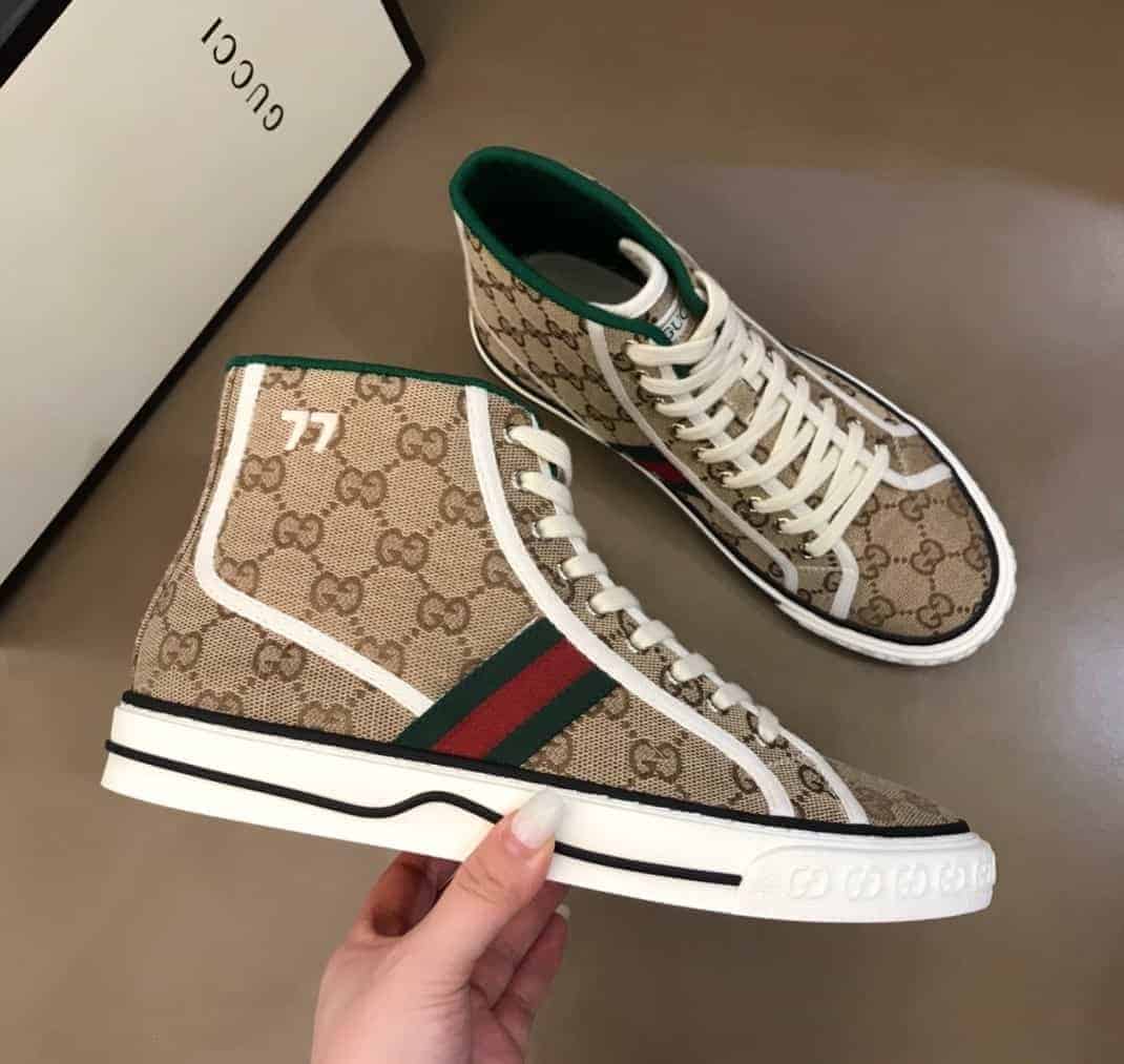 GUCCI TENNIS 1977 HIGH-TOP SNEAKERS IN BEIGE AND EBONY GG CANVAS - GC100