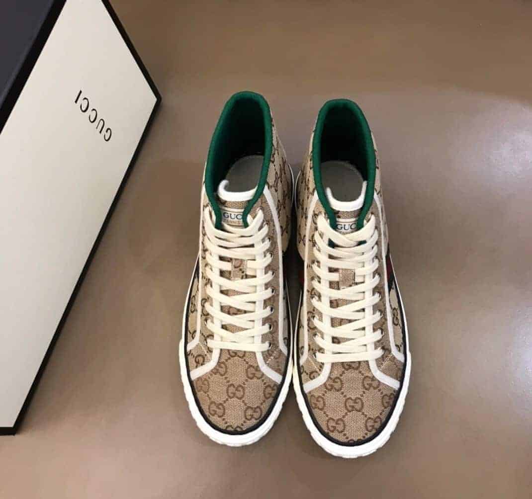 GUCCI TENNIS 1977 HIGH-TOP SNEAKERS IN BEIGE AND EBONY GG CANVAS - GC100