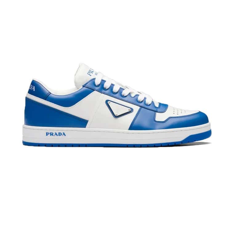 PRADA DOWNTOWN LEATHER SNEAKERS IN WHITE AND LACQUER BLUE- PRD011
