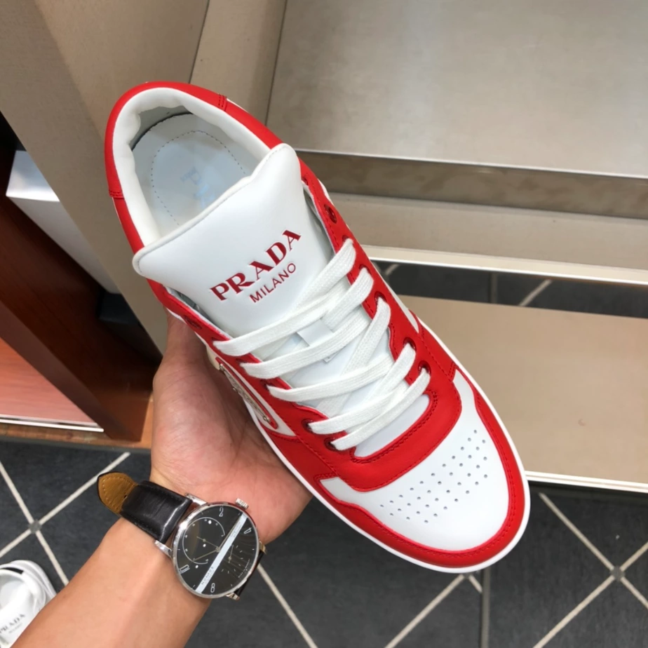 PRADA DOWNTOWN LEATHER SNEAKERS IN WHITE AND LACQUER RED- PRD012
