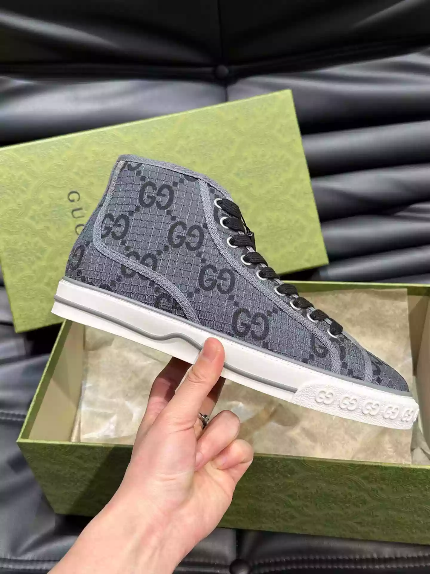 GUCCI TENNIS 1977 HIGH-TOP SHOES SNEAKERS IN BLACK/DARK GRAY - GC283