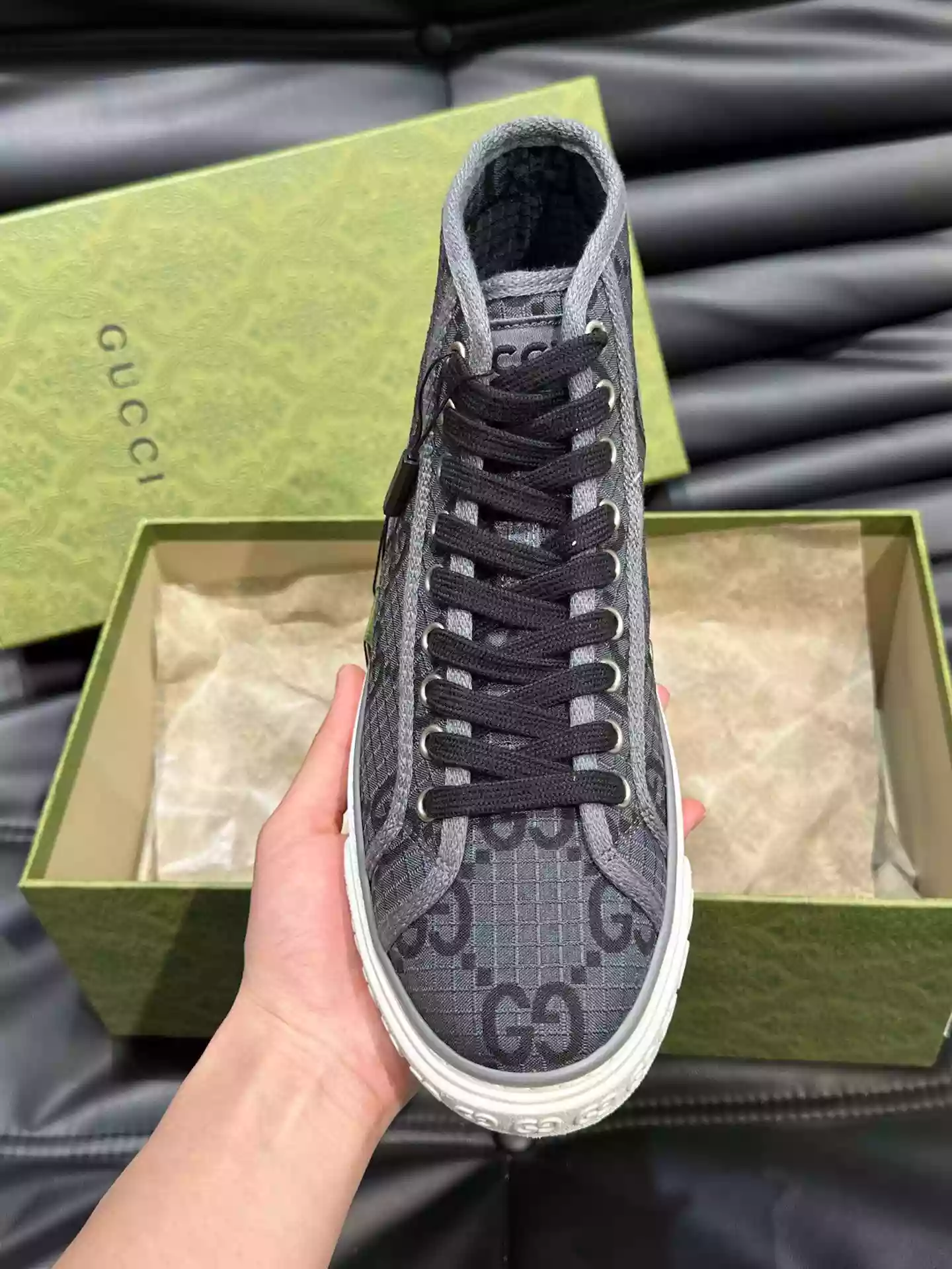 GUCCI TENNIS 1977 HIGH-TOP SHOES SNEAKERS IN BLACK/DARK GRAY - GC283