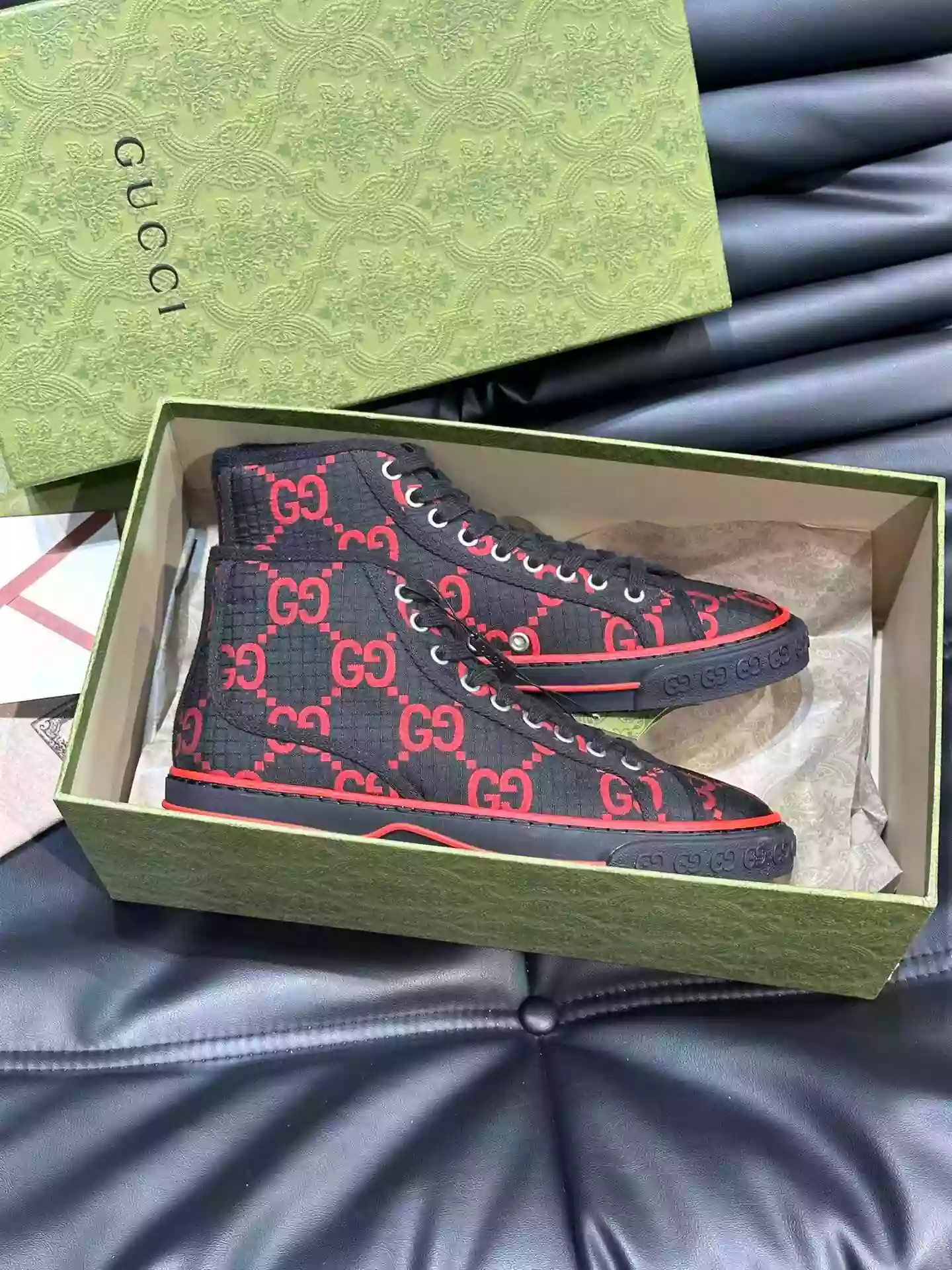 GUCCI TENNIS 1977 HIGH-TOP SHOES SNEAKERS IN BLACK/RED - GC285