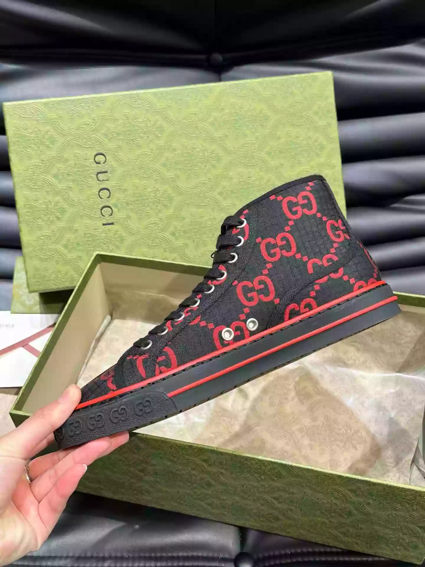 GUCCI TENNIS 1977 HIGH-TOP SHOES SNEAKERS IN BLACK/RED - GC285