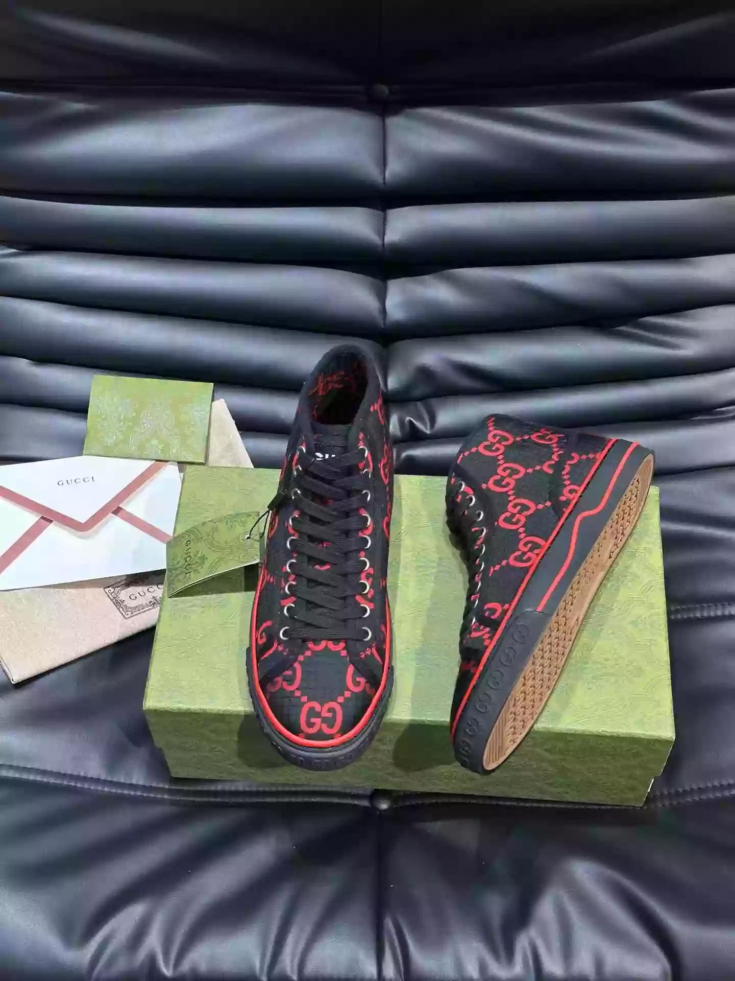 GUCCI TENNIS 1977 HIGH-TOP SHOES SNEAKERS IN BLACK/RED - GC285