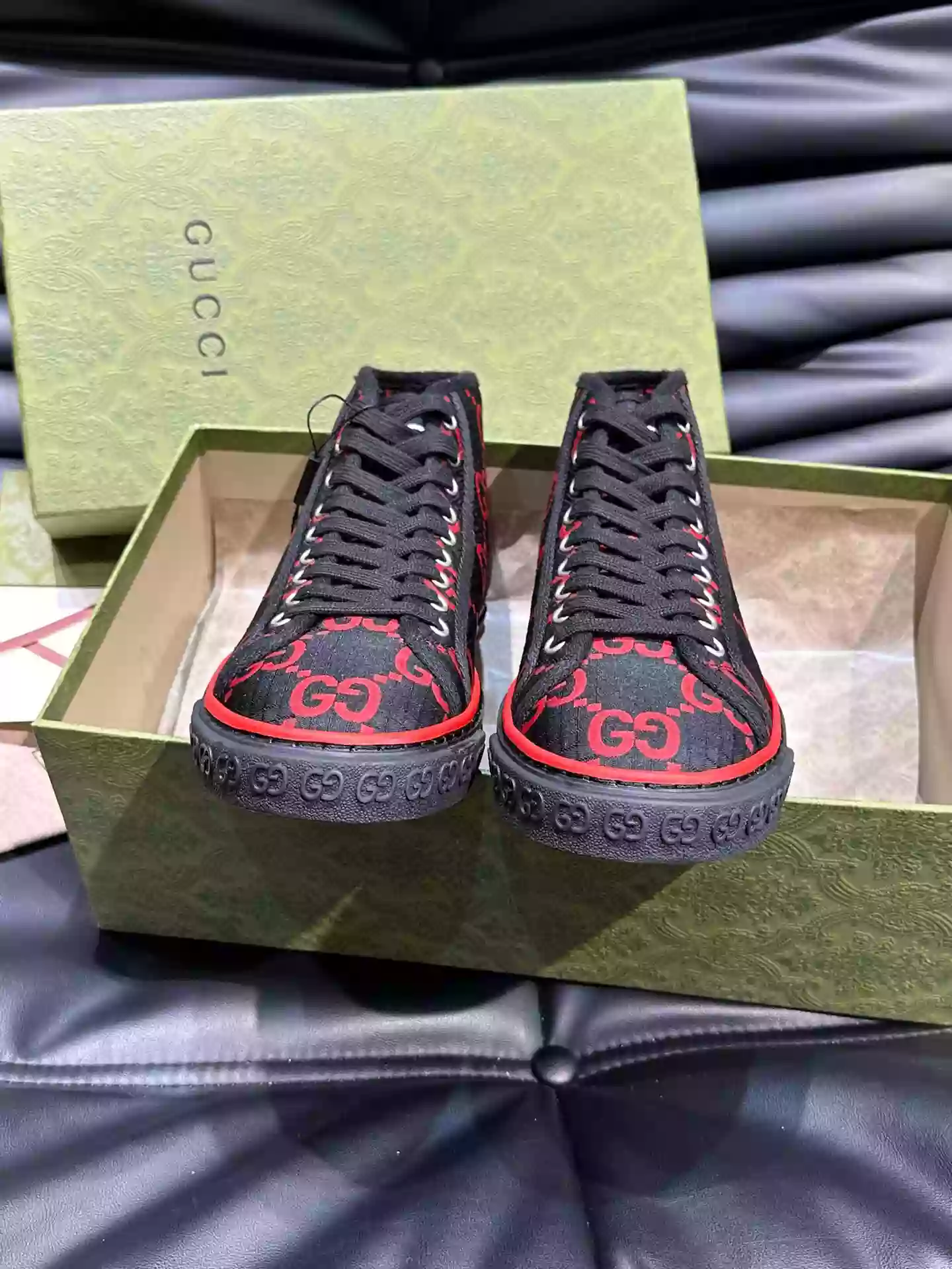 GUCCI TENNIS 1977 HIGH-TOP SHOES SNEAKERS IN BLACK/RED - GC285